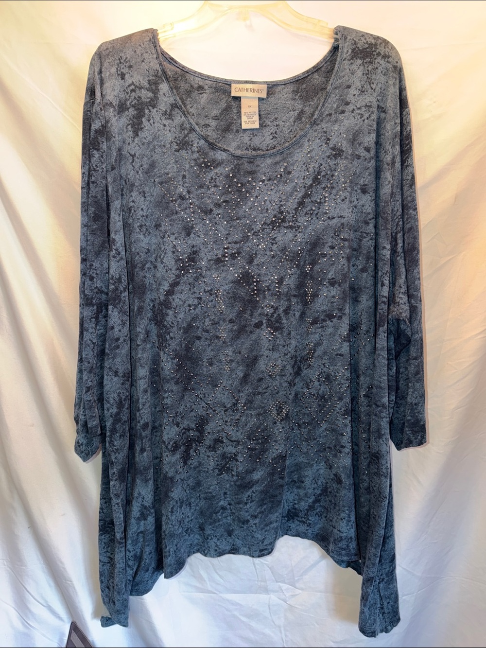 Catherines, Dusty Blue Rhinestone Scoop Neck Tunic Top, SZ 4X, PTP 33”, (T1-362)